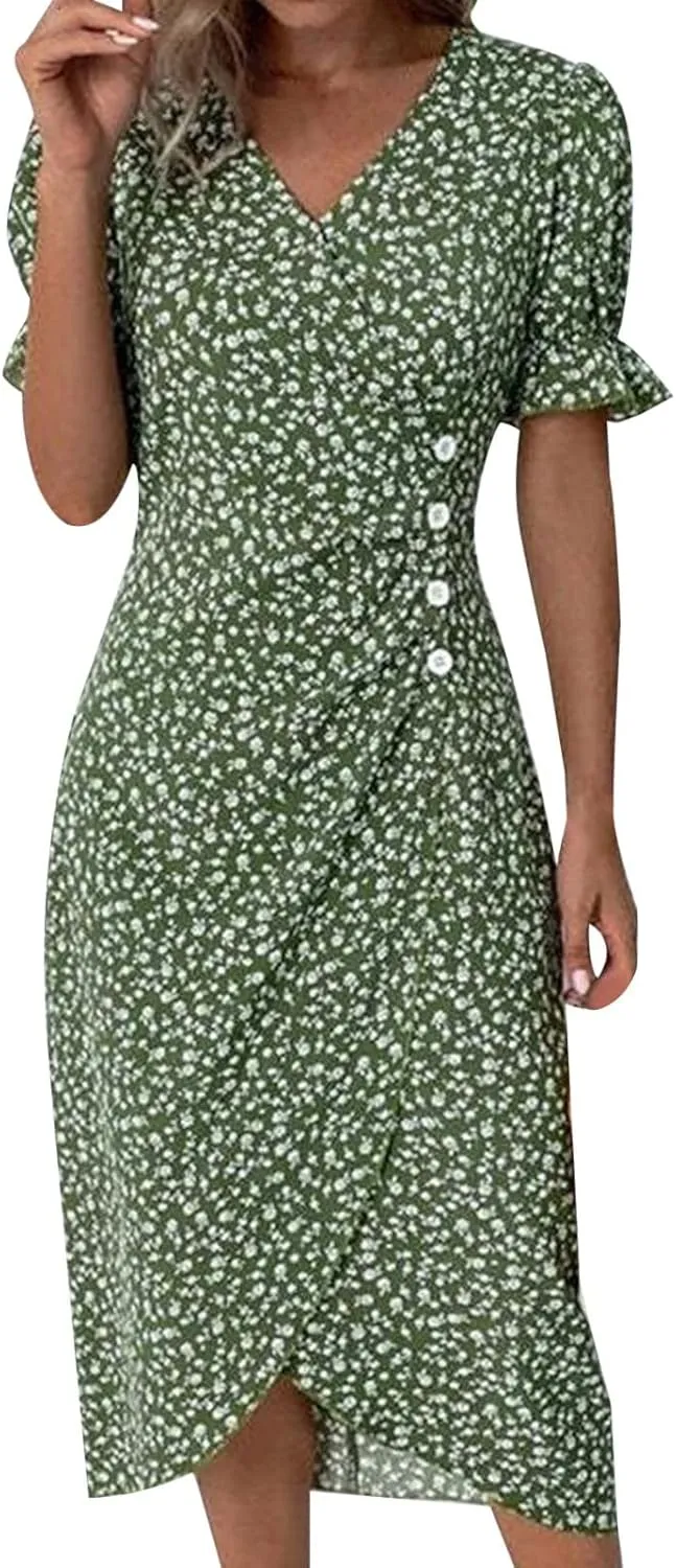 Spring Dresses for Women 2025 V Neck Puff Sleeves Elegant Wrap Midi Dress Boho Flowy Ruched Irregular Hem Beach Dress