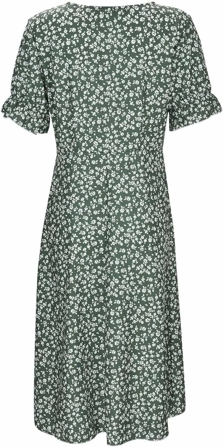 Spring Dresses for Women 2025 V Neck Puff Sleeves Elegant Wrap Midi Dress Boho Flowy Ruched Irregular Hem Beach Dress
