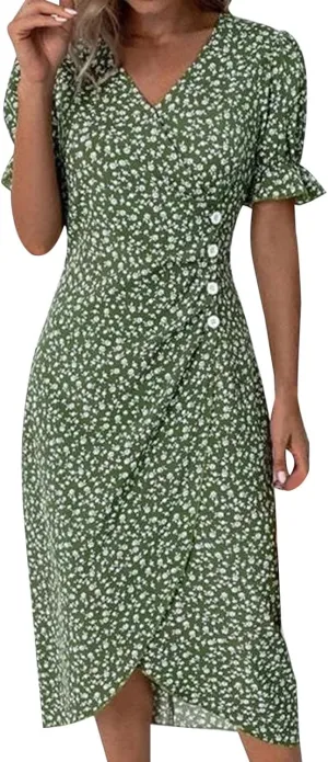 Spring Dresses for Women 2025 V Neck Puff Sleeves Elegant Wrap Midi Dress Boho Flowy Ruched Irregular Hem Beach Dress