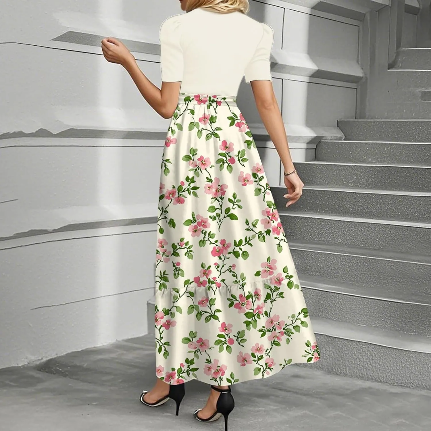 Spring Dresses for Women 2025 Women's Casual Short Sleeves Maxi Dress with High Waist Perfect for Parties and Weddings