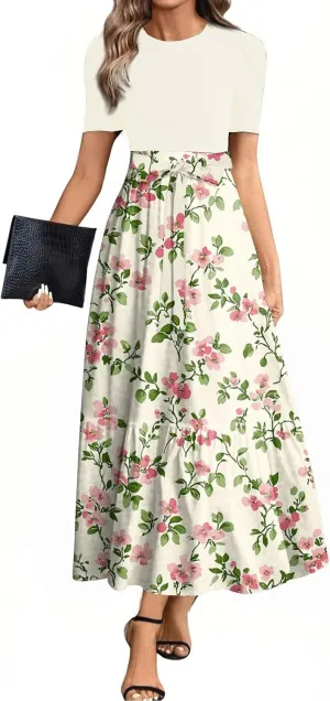 Spring Dresses for Women 2025 Women's Casual Short Sleeves Maxi Dress with High Waist Perfect for Parties and Weddings
