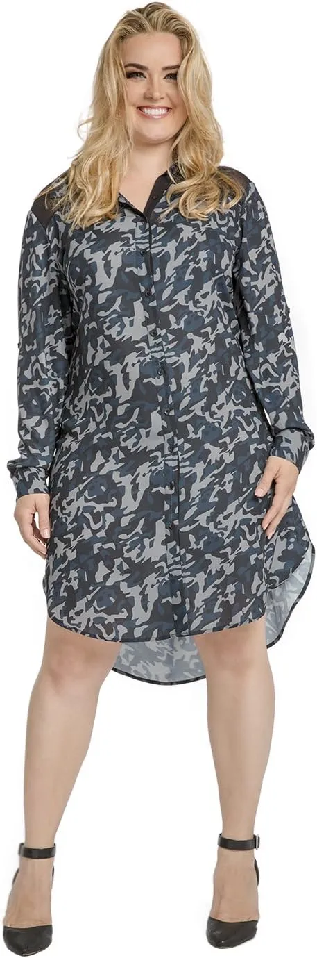Standards & Practices Plus Size Modern Women Navy Woven Chiffon Camo Shirt Dress