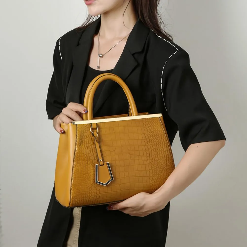 Stylish Crocodile Pattern Leather Handbag for Women - Versatile Top Handle Satchel Purse & Crossbody Bag in Yellow