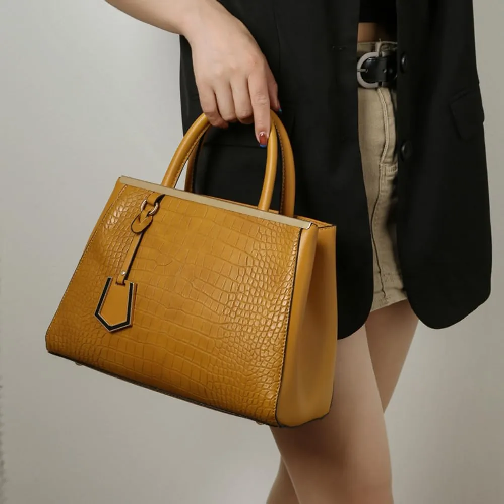 Stylish Crocodile Pattern Leather Handbag for Women - Versatile Top Handle Satchel Purse & Crossbody Bag in Yellow