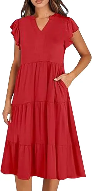 Summer Dresses for Women 2025 A-Line Ruffle Sleeve V-Neck Layered Midi Dress Flowy Casual Dresses