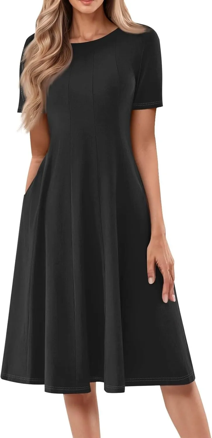 Summer Dresses for Women 2025 Boho Floral Midi Short Sleeve Crewneck Dresses Elegant Side Pocket Pleated Dress