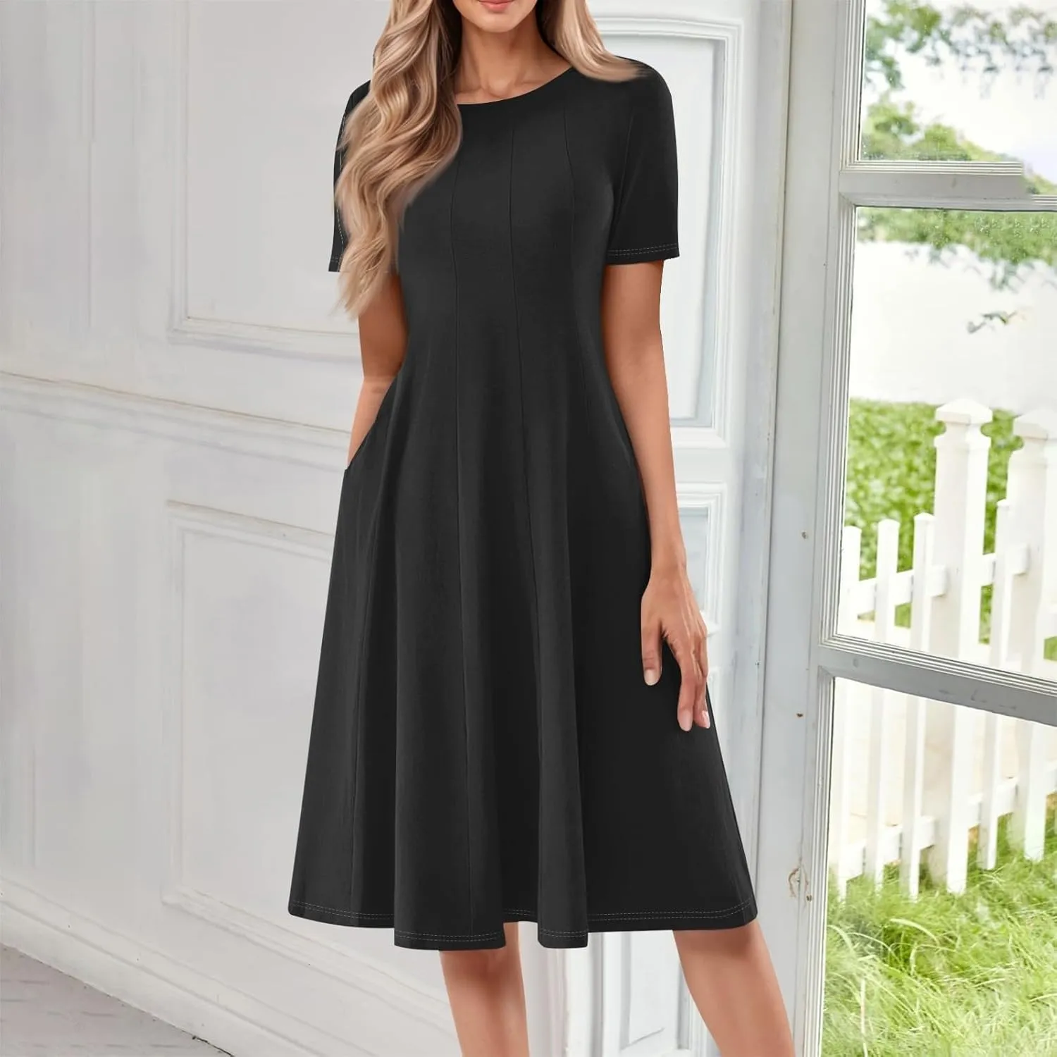 Summer Dresses for Women 2025 Boho Floral Midi Short Sleeve Crewneck Dresses Elegant Side Pocket Pleated Dress
