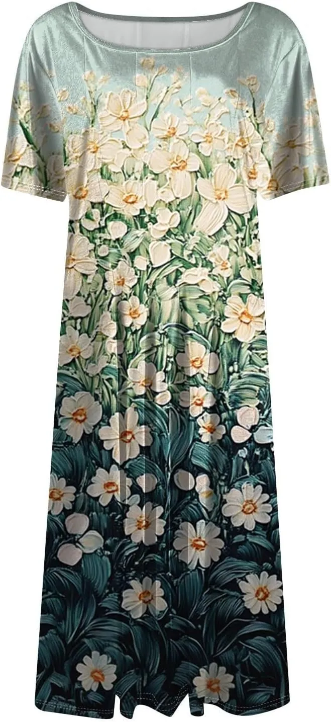 Summer Dresses for Women 2025 Boho Floral Midi Short Sleeve Crewneck Dresses Elegant Side Pocket Pleated Dress