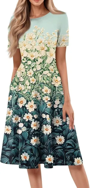 Summer Dresses for Women 2025 Boho Floral Midi Short Sleeve Crewneck Dresses Elegant Side Pocket Pleated Dress