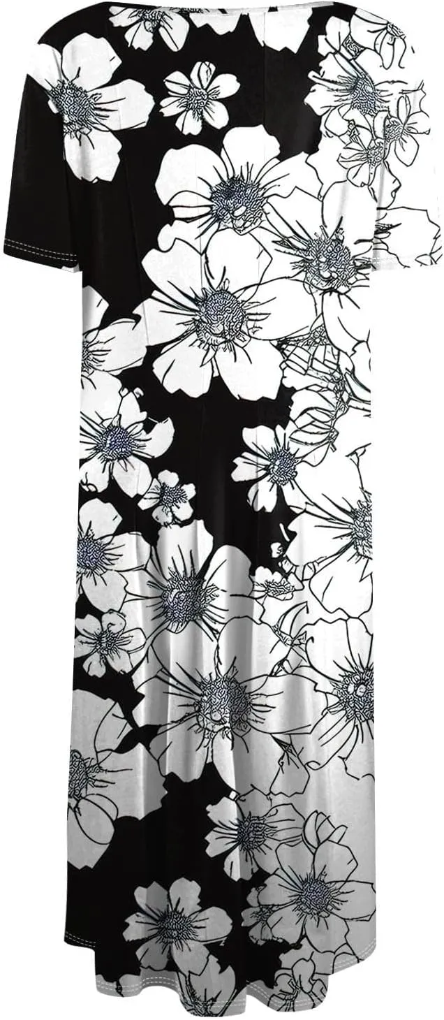 Summer Dresses for Women 2025 Boho Floral Midi Short Sleeve Crewneck Dresses Elegant Side Pocket Pleated Dress