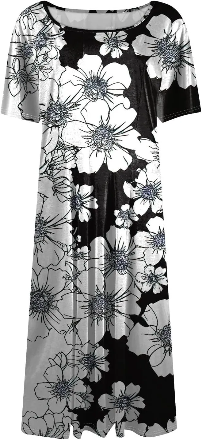 Summer Dresses for Women 2025 Boho Floral Midi Short Sleeve Crewneck Dresses Elegant Side Pocket Pleated Dress