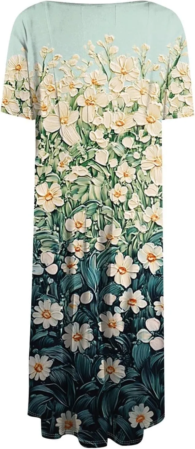 Summer Dresses for Women 2025 Boho Floral Midi Short Sleeve Crewneck Dresses Elegant Side Pocket Pleated Dress