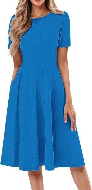 Summer Dresses for Women 2025 Boho Floral Midi Short Sleeve Crewneck Dresses Elegant Side Pocket Pleated Dress