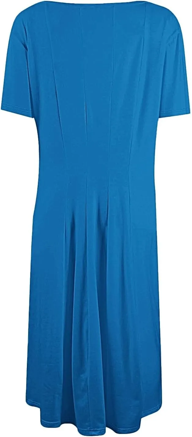 Summer Dresses for Women 2025 Boho Floral Midi Short Sleeve Crewneck Dresses Elegant Side Pocket Pleated Dress