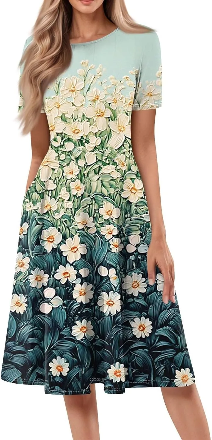 Summer Dresses for Women 2025 Boho Floral Midi Short Sleeve Crewneck Dresses Elegant Side Pocket Pleated Dress