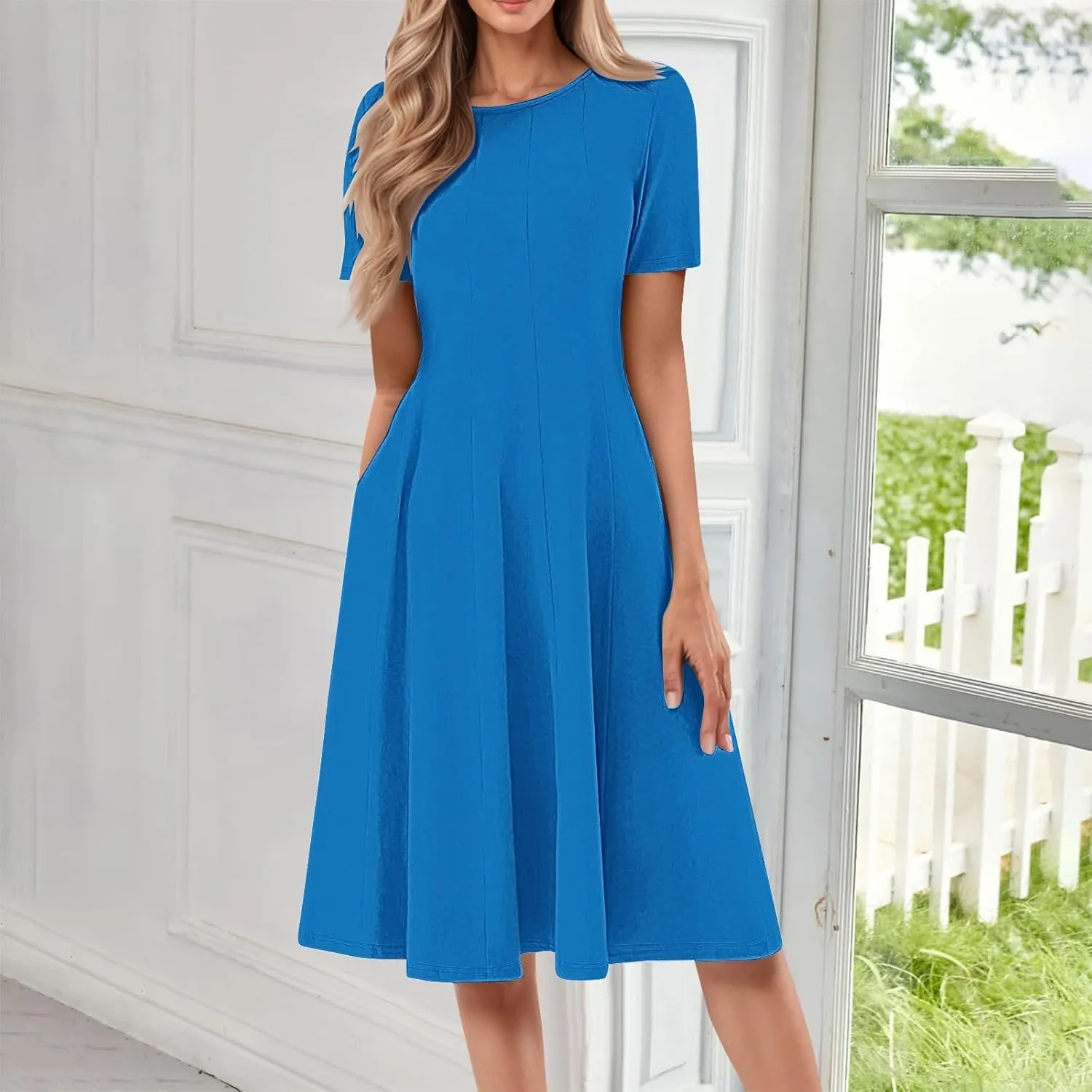 Summer Dresses for Women 2025 Boho Floral Midi Short Sleeve Crewneck Dresses Elegant Side Pocket Pleated Dress