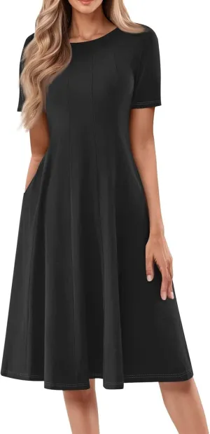 Summer Dresses for Women 2025 Boho Floral Midi Short Sleeve Crewneck Dresses Elegant Side Pocket Pleated Dress