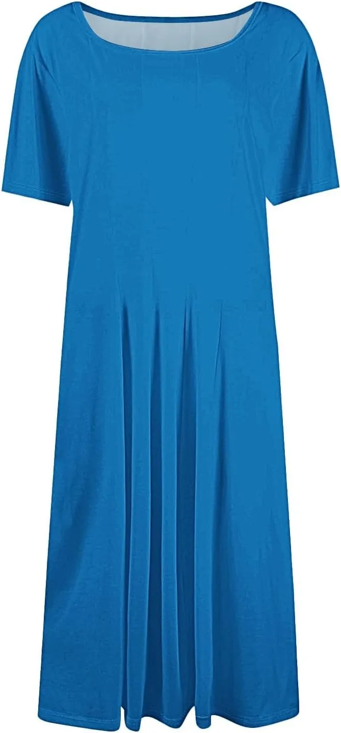 Summer Dresses for Women 2025 Boho Floral Midi Short Sleeve Crewneck Dresses Elegant Side Pocket Pleated Dress