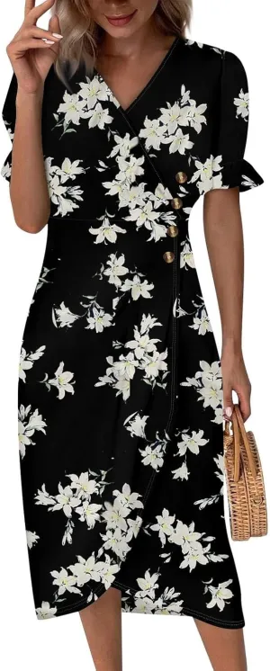 Summer Dresses for Women 2025 Boho Floral V Neck Dress Short Sleeve Irregular Hem Midi Dress