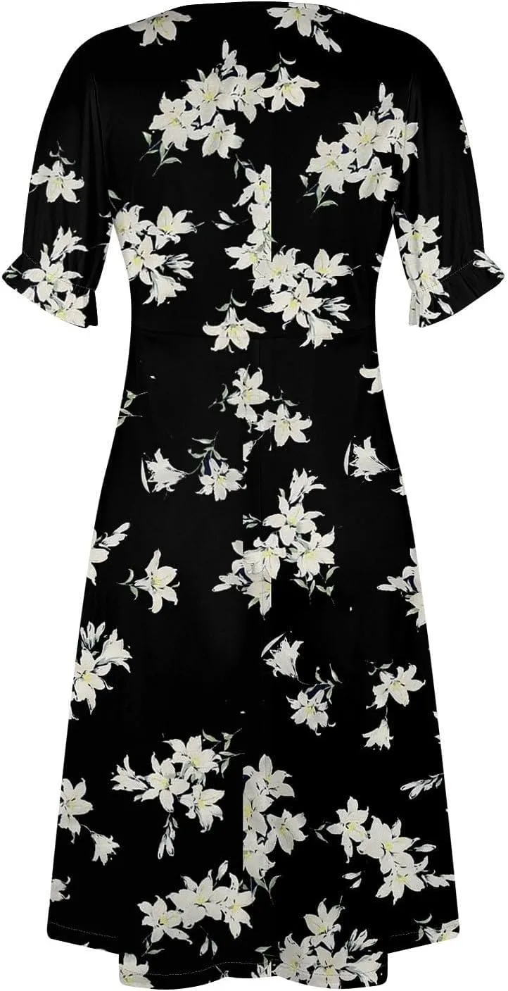 Summer Dresses for Women 2025 Boho Floral V Neck Dress Short Sleeve Irregular Hem Midi Dress