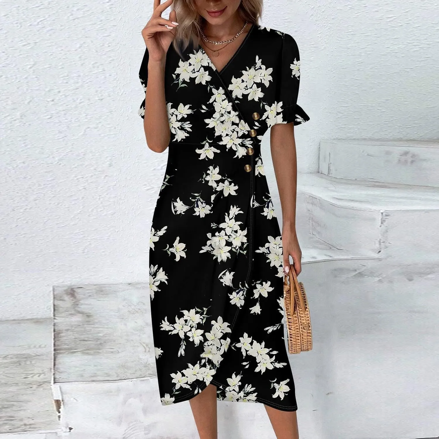 Summer Dresses for Women 2025 Boho Floral V Neck Dress Short Sleeve Irregular Hem Midi Dress