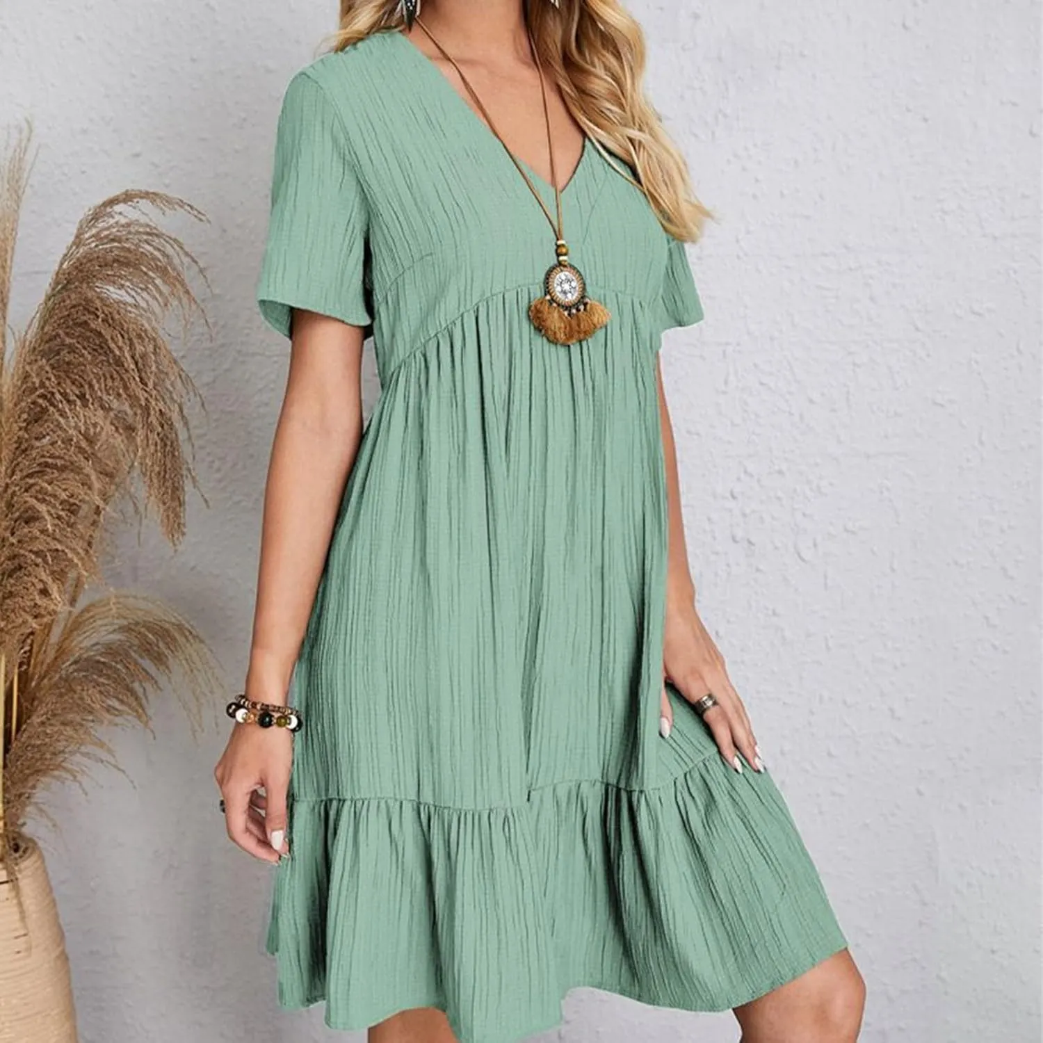Summer Dresses for Women 2025 Solid V-Neck Short Sleeve Midi Dress Pleated Swing Short Beach Sundresses