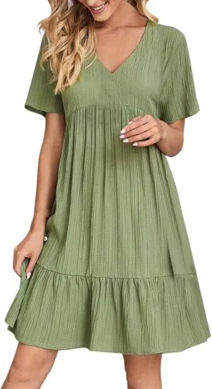Summer Dresses for Women 2025 Solid V-Neck Short Sleeve Midi Dress Pleated Swing Short Beach Sundresses