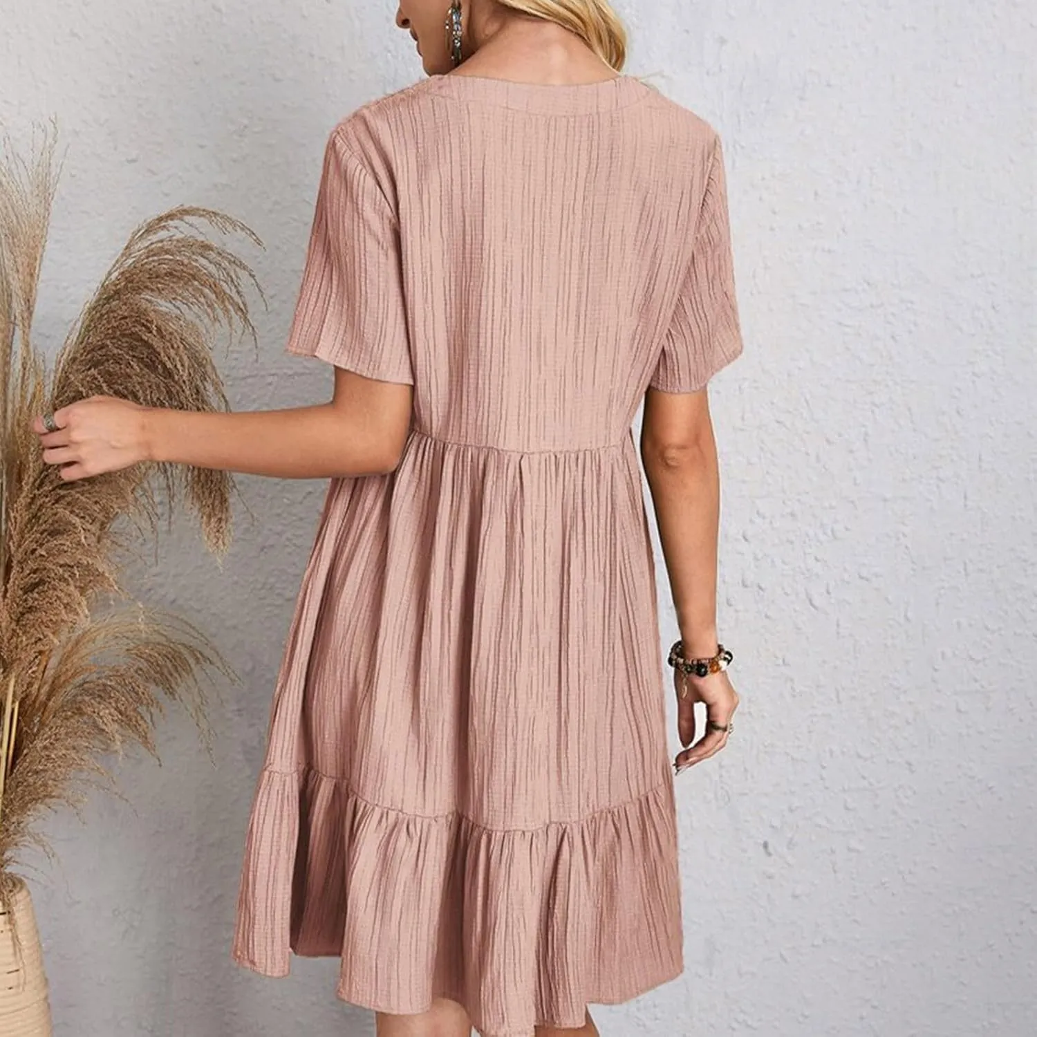Summer Dresses for Women 2025 Solid V-Neck Short Sleeve Midi Dress Pleated Swing Short Beach Sundresses