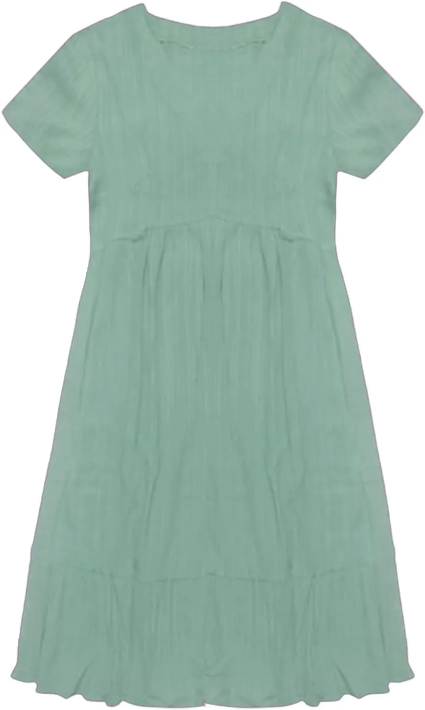 Summer Dresses for Women 2025 Solid V-Neck Short Sleeve Midi Dress Pleated Swing Short Beach Sundresses