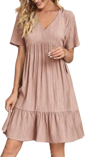 Summer Dresses for Women 2025 Solid V-Neck Short Sleeve Midi Dress Pleated Swing Short Beach Sundresses