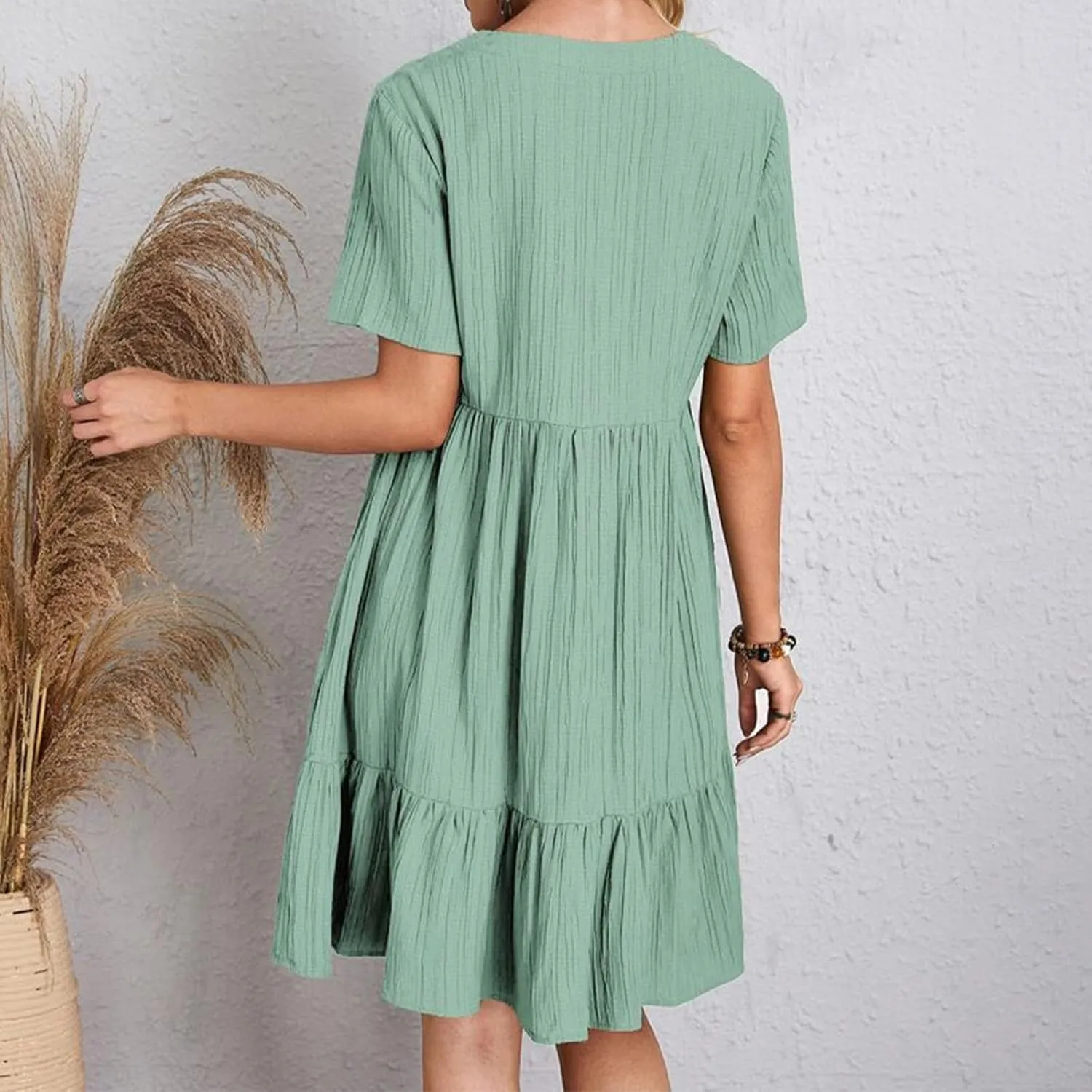 Summer Dresses for Women 2025 Solid V-Neck Short Sleeve Midi Dress Pleated Swing Short Beach Sundresses