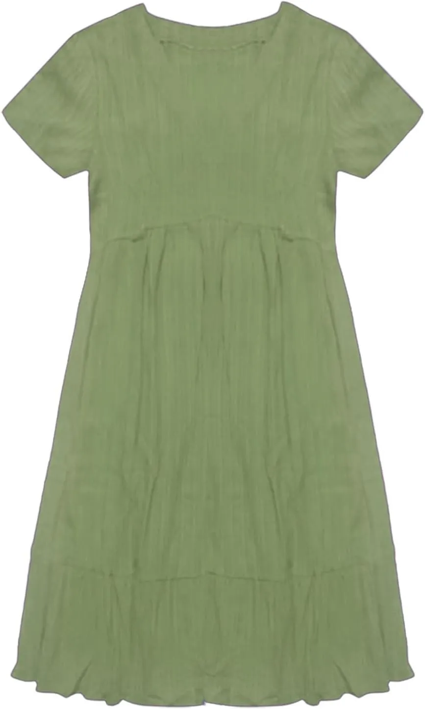Summer Dresses for Women 2025 Solid V-Neck Short Sleeve Midi Dress Pleated Swing Short Beach Sundresses