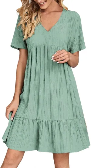 Summer Dresses for Women 2025 Solid V-Neck Short Sleeve Midi Dress Pleated Swing Short Beach Sundresses