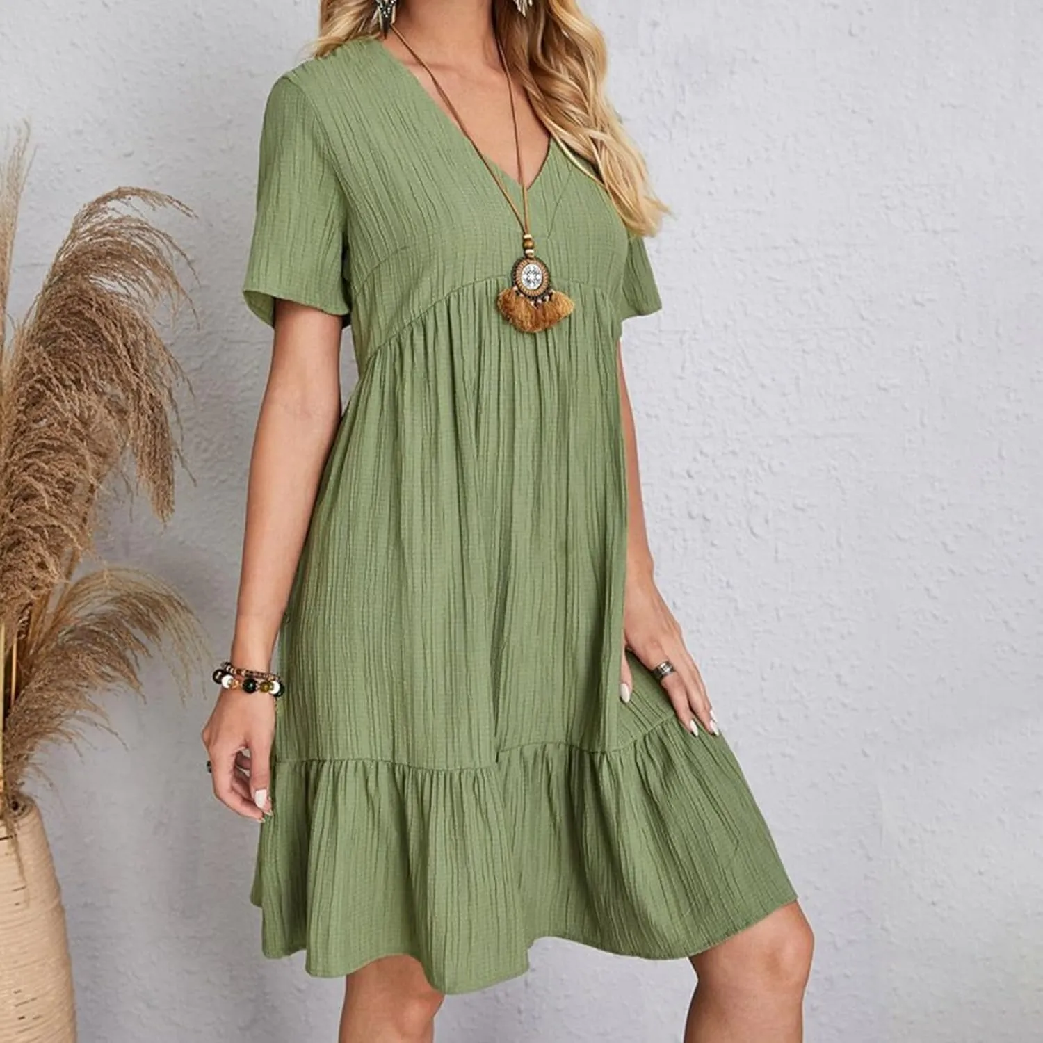 Summer Dresses for Women 2025 Solid V-Neck Short Sleeve Midi Dress Pleated Swing Short Beach Sundresses