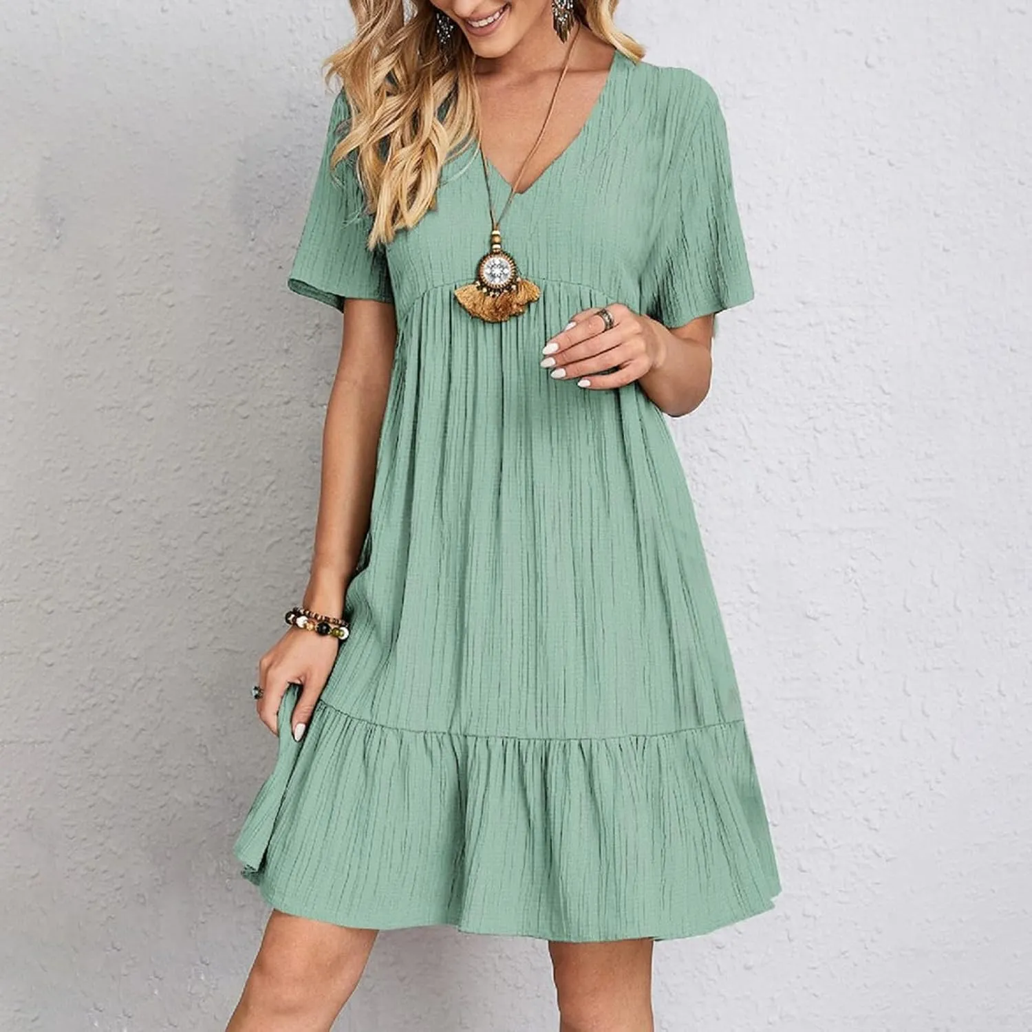Summer Dresses for Women 2025 Solid V-Neck Short Sleeve Midi Dress Pleated Swing Short Beach Sundresses