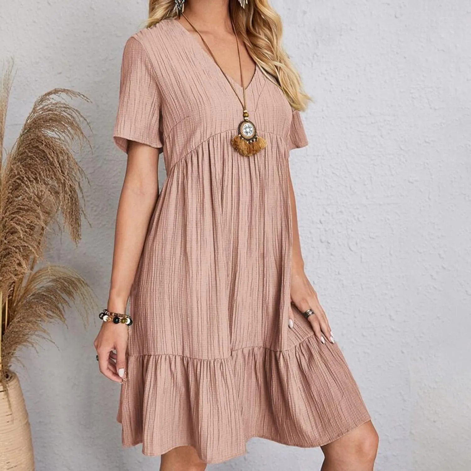 Summer Dresses for Women 2025 Solid V-Neck Short Sleeve Midi Dress Pleated Swing Short Beach Sundresses