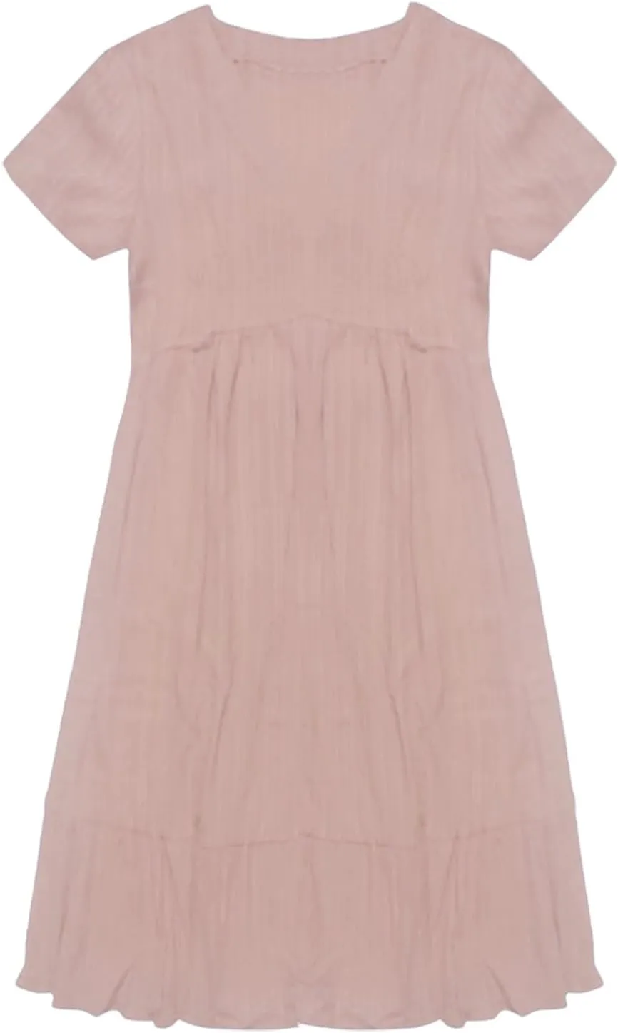 Summer Dresses for Women 2025 Solid V-Neck Short Sleeve Midi Dress Pleated Swing Short Beach Sundresses
