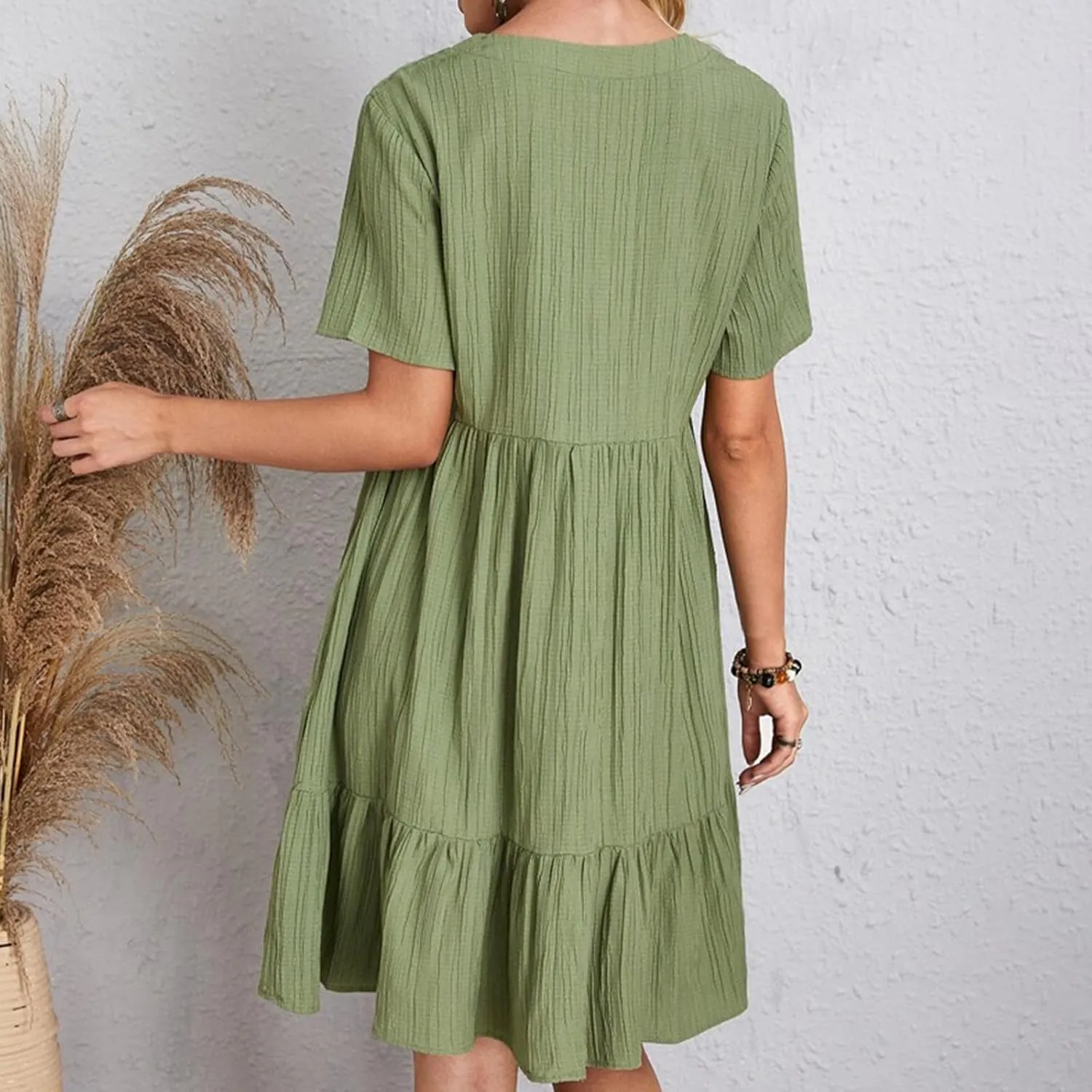 Summer Dresses for Women 2025 Solid V-Neck Short Sleeve Midi Dress Pleated Swing Short Beach Sundresses