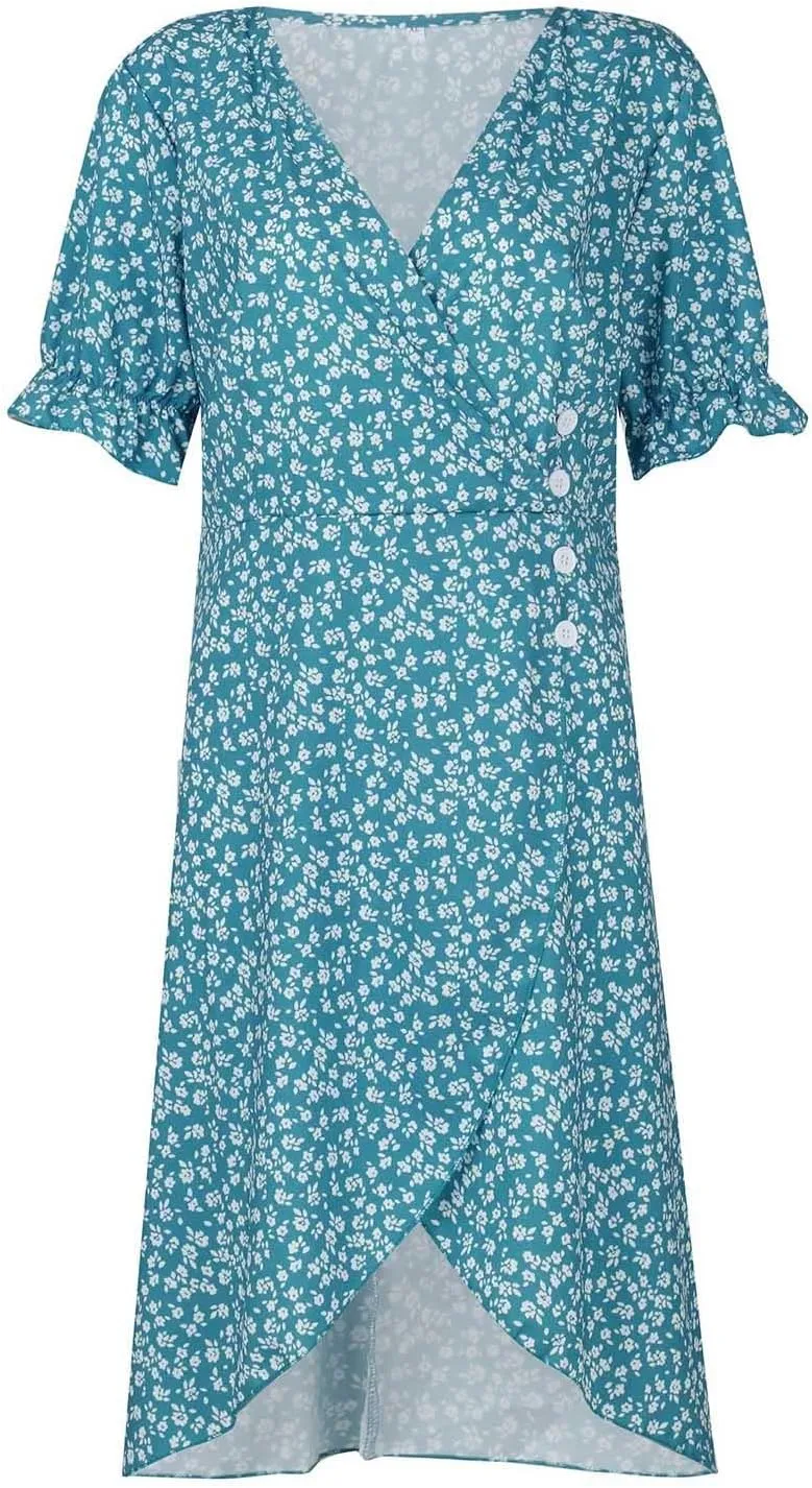 Summer Dresses for Women 2025 Vacation, Casual Side Button Up Boho Floral Dress Wrap V Neck Short Sleeve Midi Sun Dresses