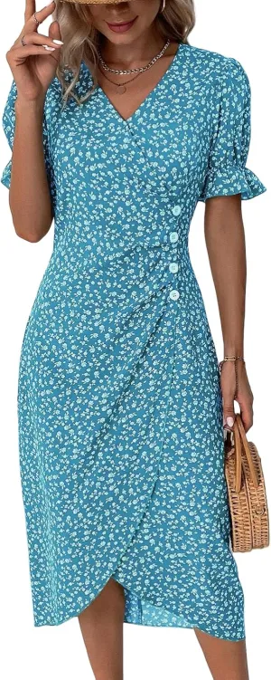 Summer Dresses for Women 2025 Vacation, Casual Side Button Up Boho Floral Dress Wrap V Neck Short Sleeve Midi Sun Dresses