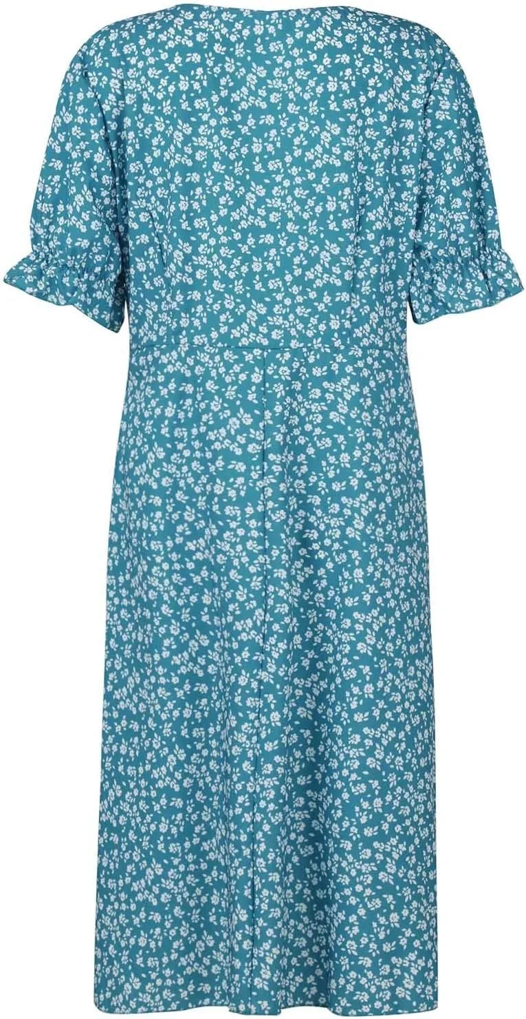 Summer Dresses for Women 2025 Vacation, Casual Side Button Up Boho Floral Dress Wrap V Neck Short Sleeve Midi Sun Dresses
