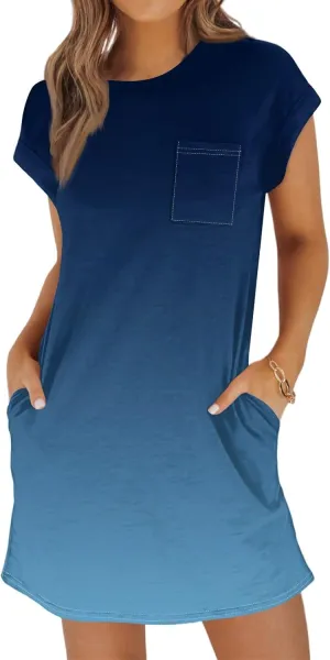 Summer Dresses for Women 2025s Casual Cap Sleeve Crewneck Loose Mini Dresses Casual Gradient Beach T Shirt Dres