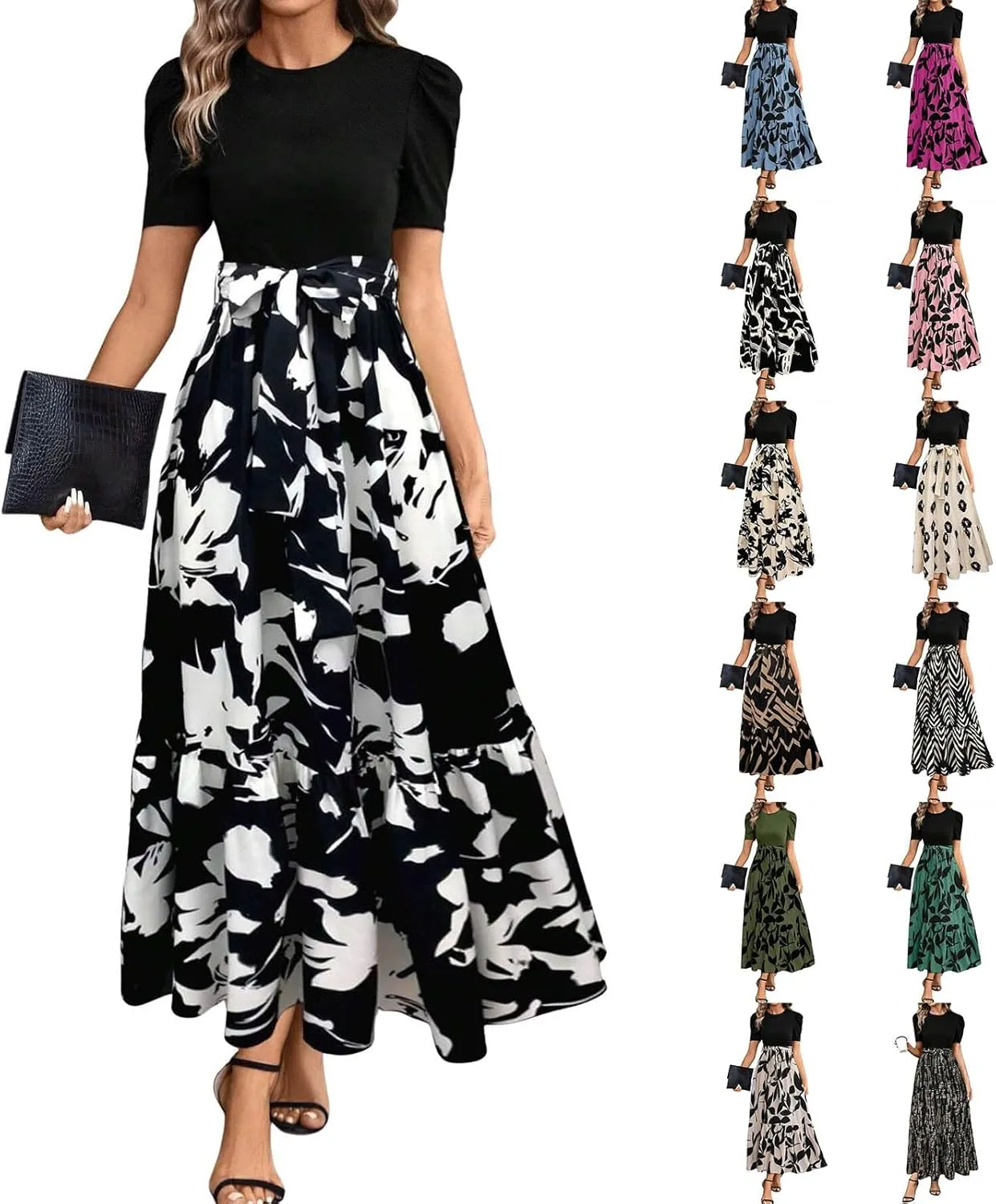 Summer Maxi Dresses for Women 2025 Casual Short Sleeve Floral Dress with Belt Elegant Wedding Guest Long Flowy Sun Dresses