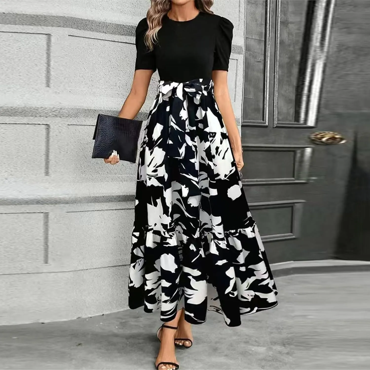 Summer Maxi Dresses for Women 2025 Casual Short Sleeve Floral Dress with Belt Elegant Wedding Guest Long Flowy Sun Dresses