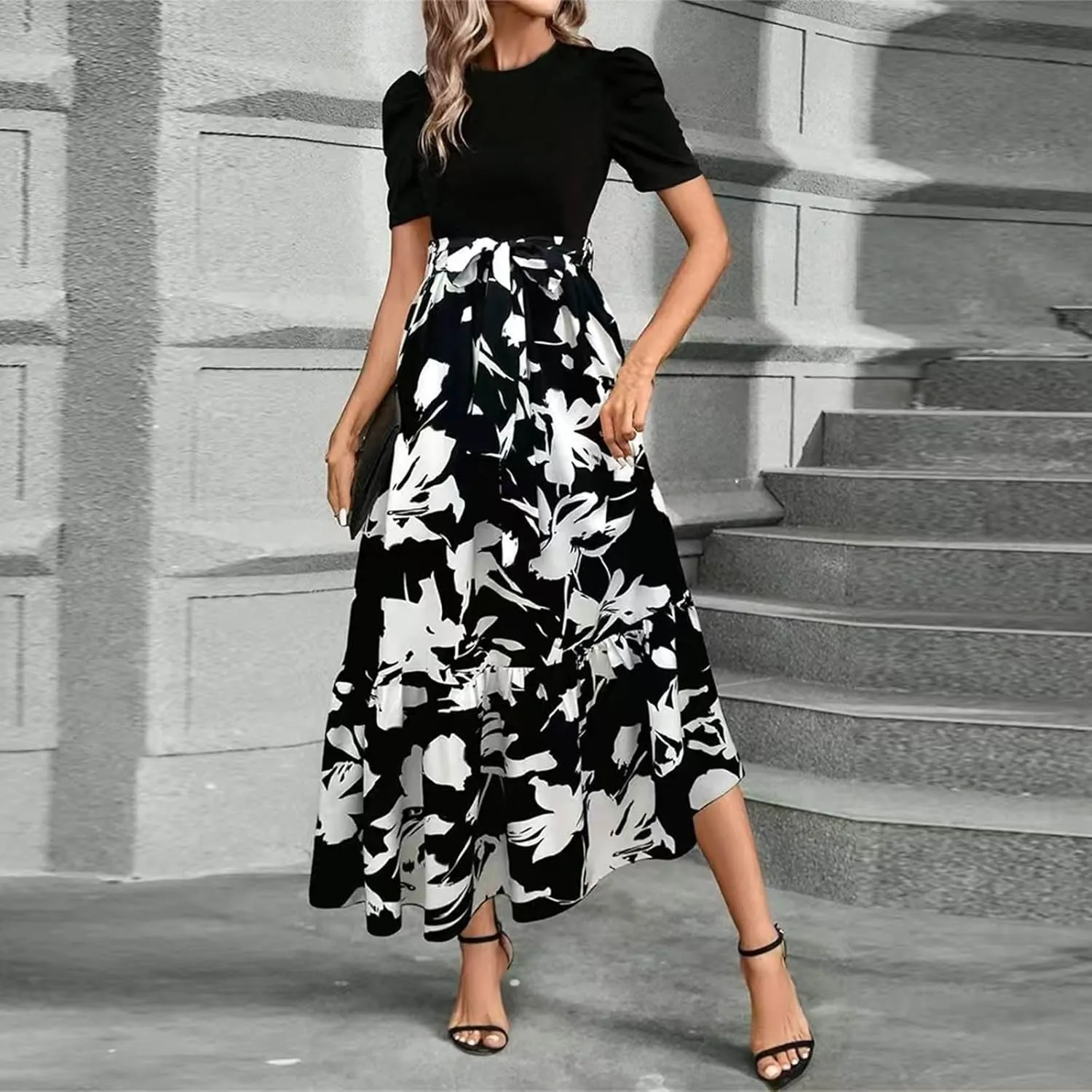 Summer Maxi Dresses for Women 2025 Casual Short Sleeve Floral Dress with Belt Elegant Wedding Guest Long Flowy Sun Dresses