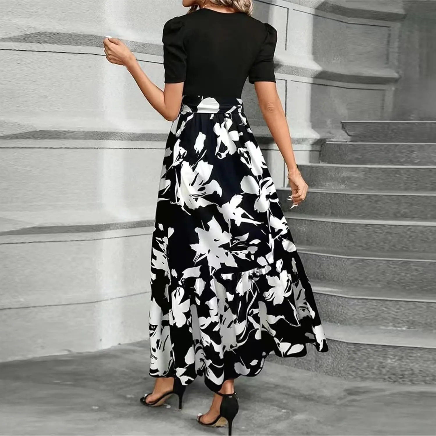 Summer Maxi Dresses for Women 2025 Casual Short Sleeve Floral Dress with Belt Elegant Wedding Guest Long Flowy Sun Dresses
