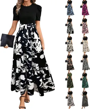 Summer Maxi Dresses for Women 2025 Casual Short Sleeve Floral Dress with Belt Elegant Wedding Guest Long Flowy Sun Dresses