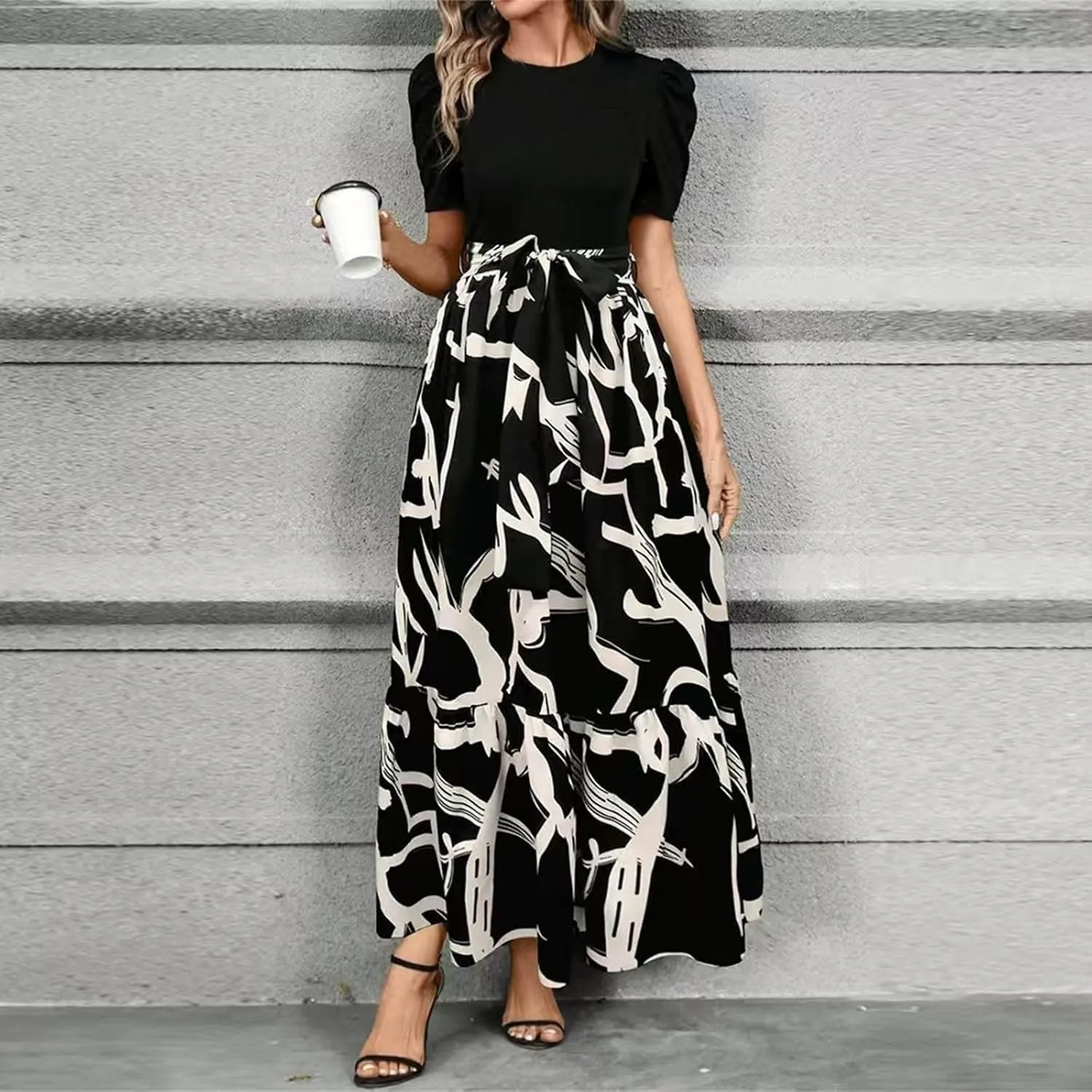 Summer Maxi Dresses for Women 2025 Casual Short Sleeve Floral Dress with Belt Elegant Wedding Guest Long Flowy Sun Dresses