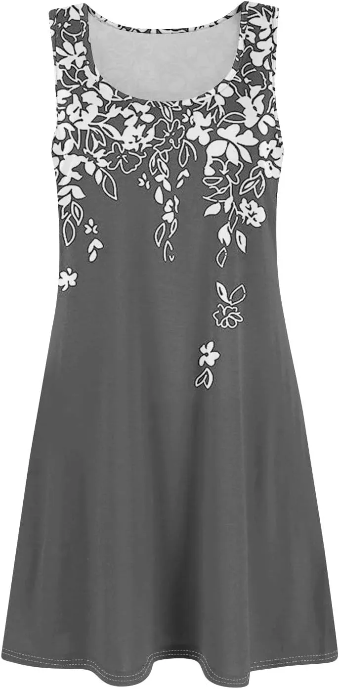 Summer Mini Dresses for Women Casual Trendy Vintage Floral Print Boho Sleeveless A-Line Pockets Beach Tank Sundress