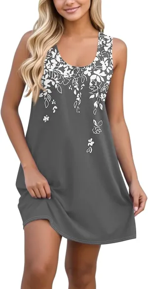 Summer Mini Dresses for Women Casual Trendy Vintage Floral Print Boho Sleeveless A-Line Pockets Beach Tank Sundress